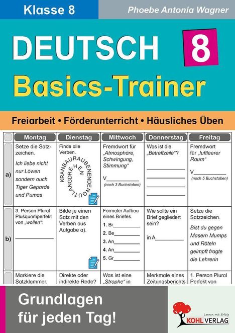 "Klasse 8, DEUTSCH Basics-Trainer, Freiarbeit, Förderunterricht, Häusliches Üben. Grundlagen für jeden Tag!"  
Gestaltung in Tabellenform.