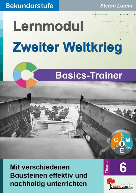 Titel: "Lernmodul Zweiter Weltkrieg", Basics-Trainer. Foto von Soldaten, die aus einem Landungsboot ins Wasser steigen.
