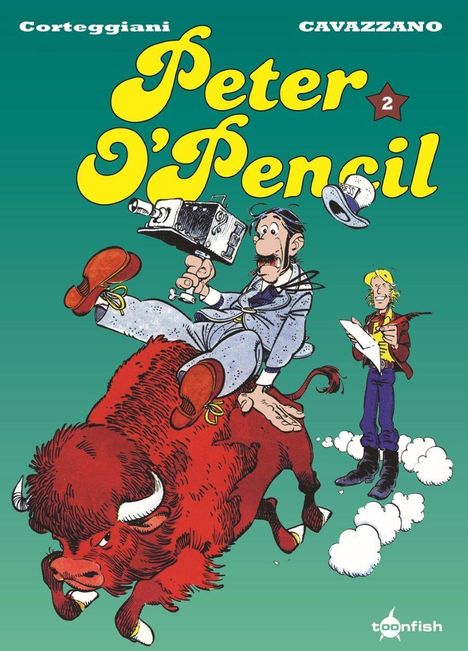 „Peter O’Pencil“ in gelber Schrift, daneben ein Mann auf einem Büffel mit Kamera, ein anderer schreibt auf einem Klemmbrett.