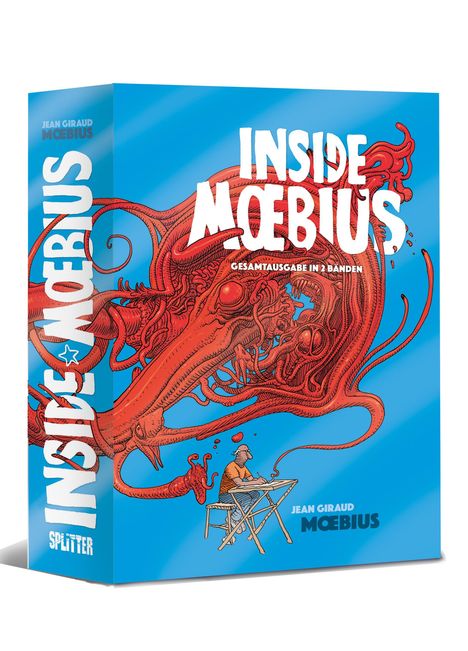 "INSIDE MOEBIUS, GESAMTAUSGABE IN 2 BÄNDEN" steht groß geschrieben. Darunter Zeichnung: Künstler am Tisch, rotes monsterartiges Gebilde.