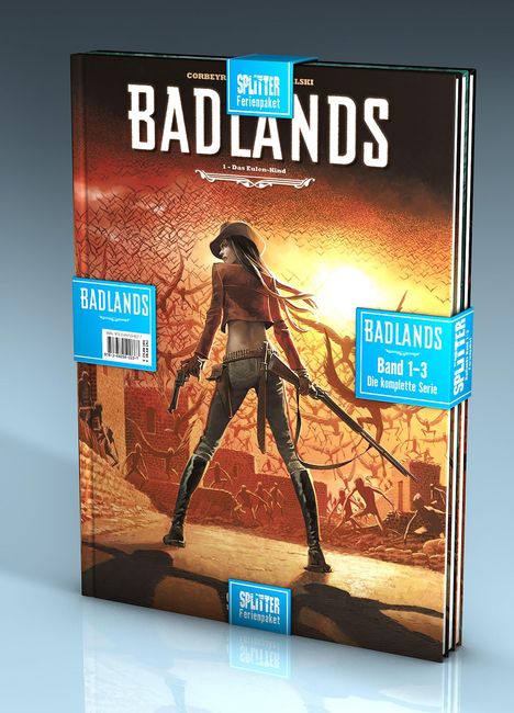 "BADLANDS", "Band 1-3", "Die komplette Serie". Eine Frau mit Cowboyhut und Pistole vor einer Wüstenkulisse.