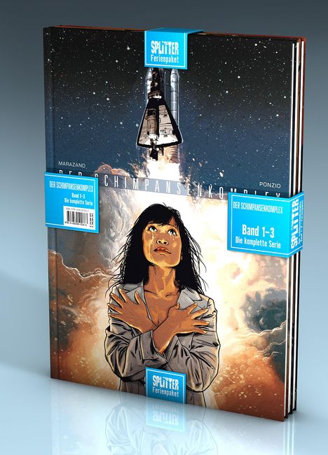 "Der Schimpansenkomplex, Band 1-3, Die komplette Serie" auf einem Comic-Cover zeigt eine Frau und eine startende Rakete.