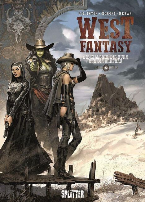 Text: "West Fantasy: Die Killerin, die Hure und die Orkfrau." Illustration: Drei Frauen in Westernkleidung, Wüstenlandschaft.