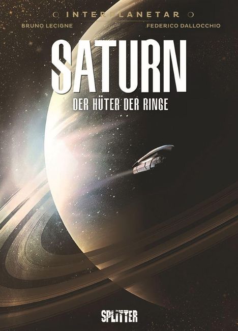 "SATURN - DER HÜTER DER RINGE" in großer Schrift. Illustration eines Raumschiffs vor den Ringen des Saturn.