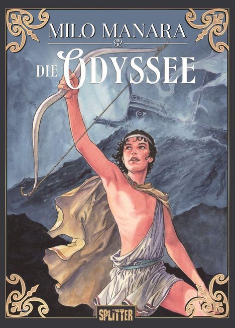„Milo Manara: Die Odyssee“. Eine Illustration eines jungen Mannes mit Bogen, antiker Stil, stürmische See im Hintergrund.
