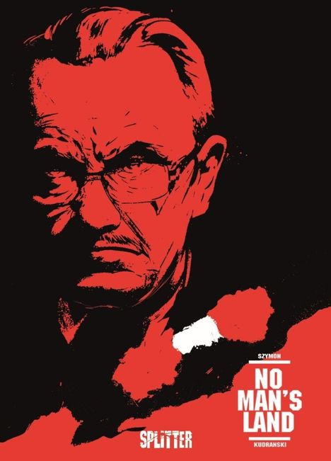 Text: "Szymon", "No Man's Land", "Kudranski". Illustration eines ernst schauenden Mannes in Rot und Schwarz, kontrastreich.