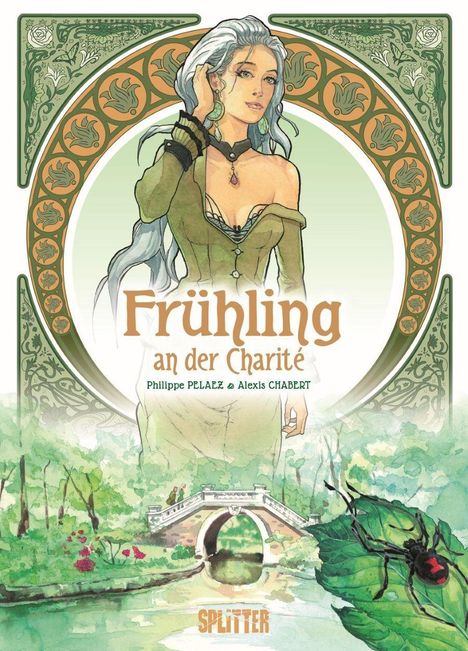 "Frühling an der Charité. Philippe Pelaez & Alexis Chabert." Eine Frau in historischer Kleidung, grüne Landschaft, Brücke.