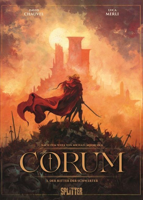 „CORUM“, „Der Ritter der Schwerter“. Ein Krieger mit rotem Umhang steht vor einer Burg in einer dramatischen Illustration.