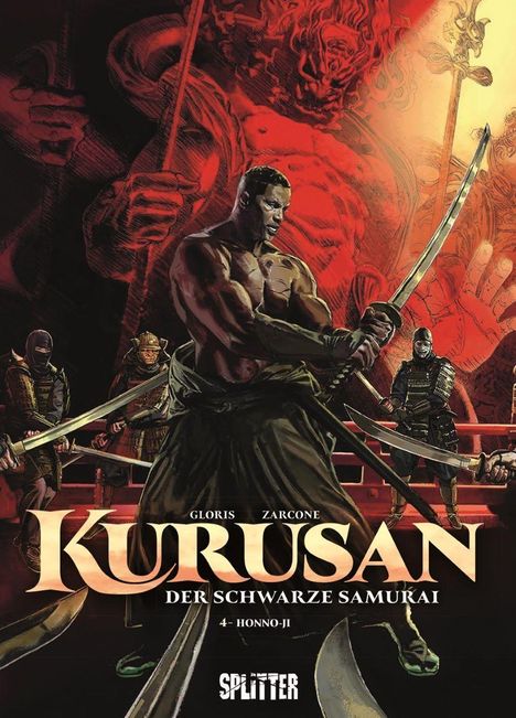Deckblatt mit dem Titel "KURUSAN: DER SCHWARZE SAMURAI", mehrere Krieger mit Schwertern, dramatische Beleuchtung.