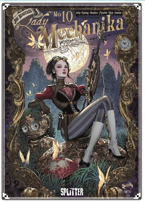 „No 10 Lady Mechanika“ steht oben. Eine stilvolle Frau mit langen Stiefeln und mechanischen Details sitzt vor einem großen Mond.