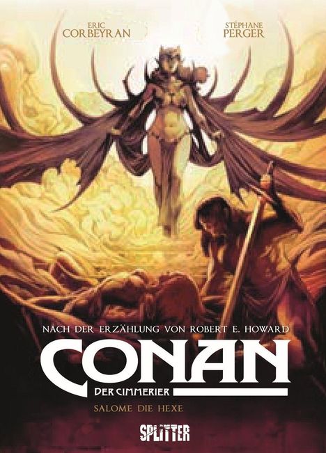"Conan der Cimmerier: Salome die Hexe." Illustration einer mystischen Figur mit schwebendem Umhang und Schwertträger.