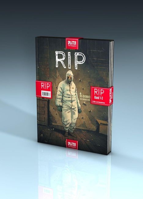 Texte: "RIP", "Splitter", "RIP Band 1-3", "Ti-Derrick". Person im Overall vor Wand. Cover eines Comicbands.