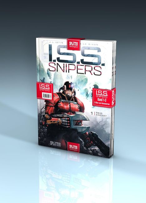 „I.S.S. Snipers“ Text auf einem Comic-Band. Zeigt einen futuristischen, gepanzerten Krieger mit Axt.