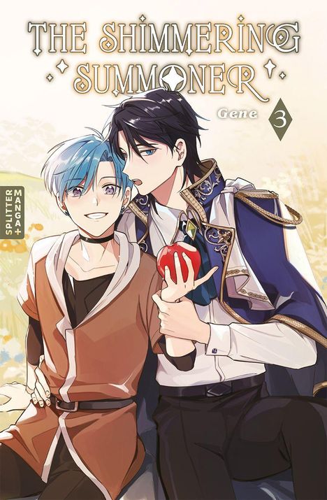 "The Shimmering Summoner", Gene 3. Zwei Manga-Figuren sitzen zusammen, eine hält einen roten Apfel.