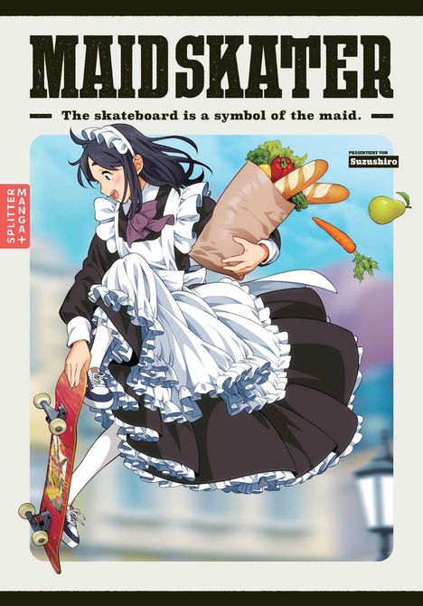 "MAIDSKATER - The skateboard is a symbol of the maid." Eine Anime-Maid auf Skateboard mit Einkaufstüte voller Gemüse.