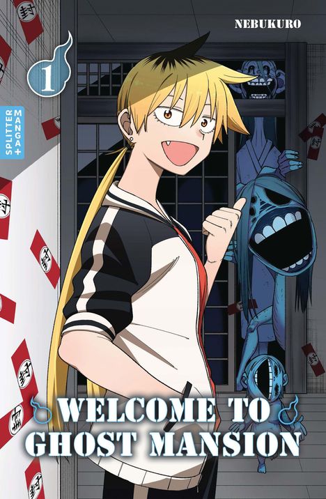 "Welcome to Ghost Mansion." Illustration: Junge mit langem Haar und Eckzahn, lächelnd, vor gruseliger Gestalt im Hintergrund.