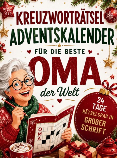 „Kreuzworträtsel Adventskalender für die beste Oma der Welt.“ Illustration mit lächelnder Oma, Tasse und Weihnachtsdeko.