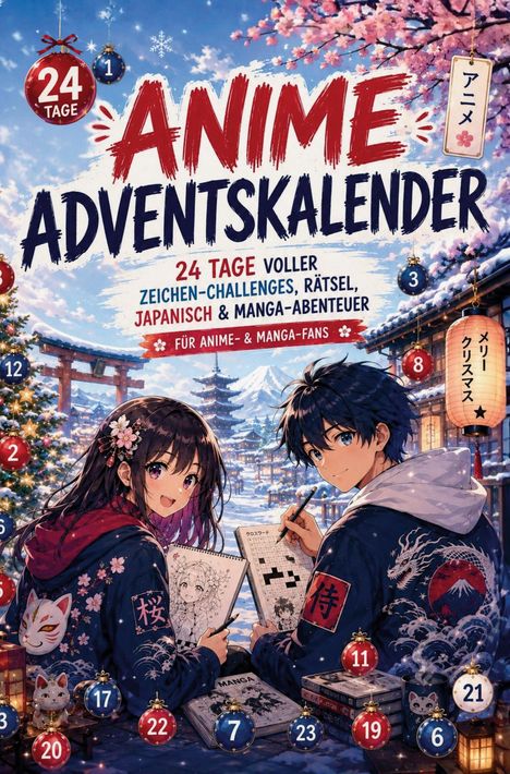 "Anime Adventskalender: 24 Tage voller Zeichen-Challenges, Rätsel, Japanisch & Manga-Abenteuer. Illustration von zwei Jugendlichen im Schnee."