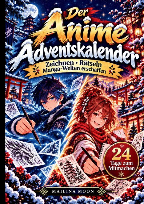 „Der Anime Adventskalender“, „Zeichnen, Rätseln, Manga-Welten erschaffen“, zwei lächelnde Figuren, eine winterliche Szenerie.