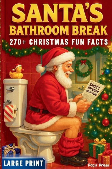Text: "SANTA'S BATHROOM BREAK. 270+ CHRISTMAS FUN FACTS. LARGE PRINT." 
Illustration von Santa auf der Toilette mit Zeitung.