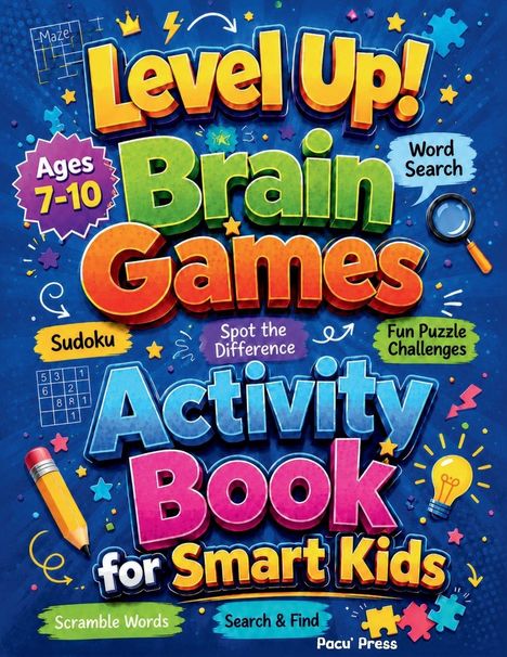 Auf farbigem Hintergrund steht: "Level Up! Brain Games Activity Book for Smart Kids Ages 7-10". Puzzle-Elemente umgeben den Text.