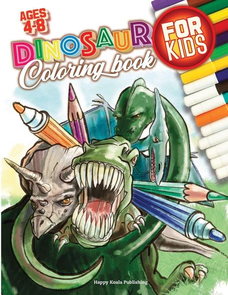 Text: "AGES 4-8", "DINOSAUR Coloring book", "FOR KIDS". Illustration von Dinosauriern mit Buntstiften und Stiften.