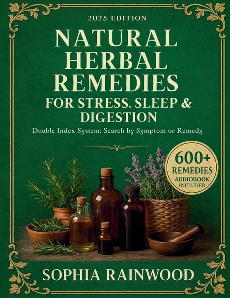 „2025 Edition: Natural Herbal Remedies for Stress, Sleep & Digestion“ auf grünem Hintergrund, mit Flaschen und Kräutern.