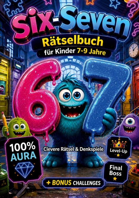 „Six-Seven Rätselbuch für Kinder 7-9 Jahre“. Monster halten große Zahlen 6 und 7 in einer bunten Szene.