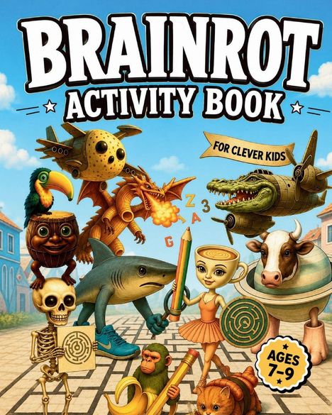 "Brainrot Activity Book. Für clevere Kinder. Altersstufe 7-9." Eine verspielte Illustration mit Tieren und Fantasiefiguren.