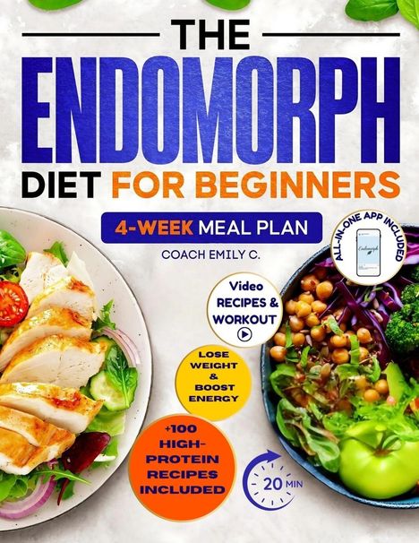 Der Text beschreibt einen Diät-Plan für Anfänger, 4 Wochen, von Coach Emily C., mit +100 proteinreichen Rezepten. Illustrationen von Salaten.
