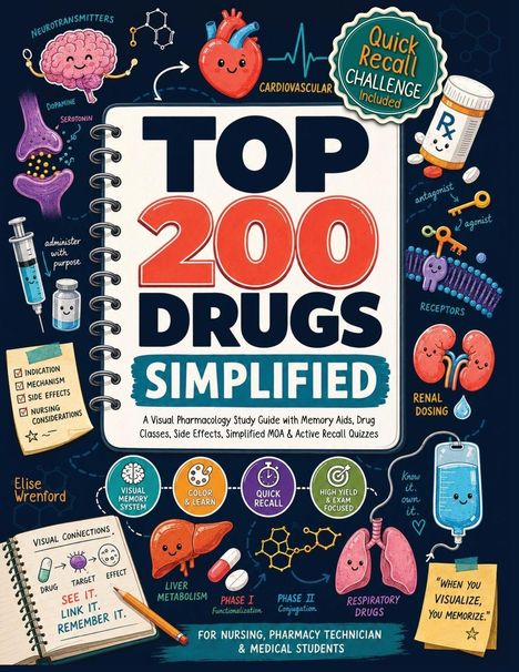 „TOP 200 DRUGS SIMPLIFIED“ in großen Buchstaben auf einem Notizbuch. Drumherum sind bunte Illustrationen von Organen und Symbolen.