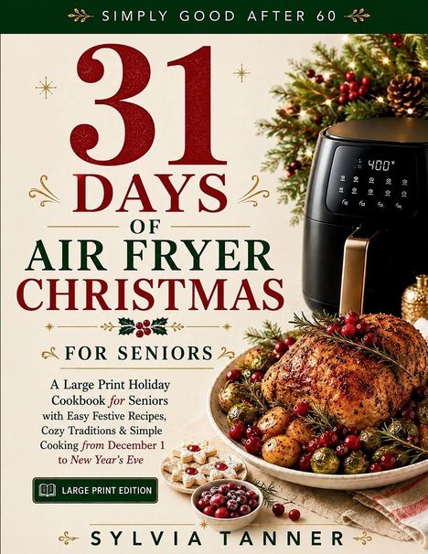 "31 Days of Air Fryer Christmas for Seniors" Kochbuch mit einem gebratenen Hähnchen auf einem Teller, umgeben von Gemüse.