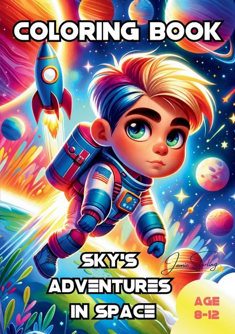 "Coloring Book: Sky's Adventures in Space. Age 8-12." Illustration eines Kindes im Raumanzug im bunten Weltraum mit Rakete.