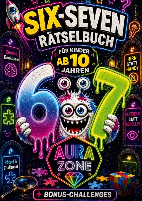 „Six-Seven Rätselbuch“, „Für Kinder ab 10 Jahren“, „Aura Zone“. Ein Monster hält bunte Zahlen, spielerische Szenen.