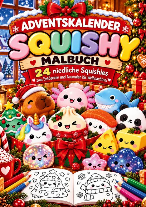 Aufschrift: „Adventskalender Squishy Malbuch. 24 niedliche Squishies zum Entdecken und Ausmalen bis Weihnachten!“ Bunte Illustrationen von Squishies in weihnachtlicher Umgebung mit Malbuch und Buntstiften.