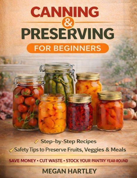 "Canning & Preserving for Beginners", Gläser mit eingelegtem Gemüse und Obst, Checklisten für Rezepte und Sicherheitstipps.