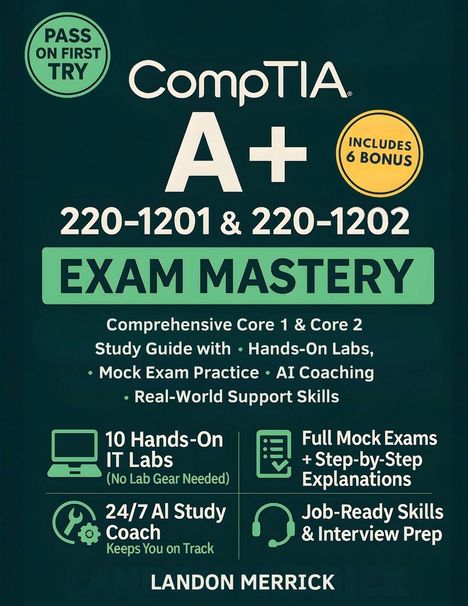 Text gegen einen dunklen Hintergrund: "CompTIA A+ 220-1201 & 220-1202 Exam Mastery". Oben links ein grüner Kreis.