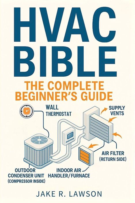 Titel: HVAC BIBLE. Untertitel: THE COMPLETE BEGINNER’S GUIDE. Diagramm zeigt Komponenten eines HVAC-Systems. Autor: JAKE R. LAWSON.