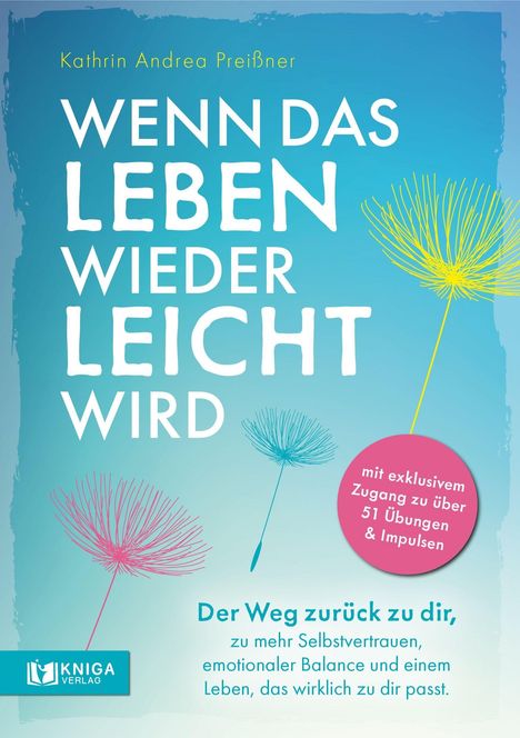 Text: "WENN DAS LEBEN WIEDER LEICHT WIRD" von Kathrin Andrea Preißner. Pusteblumen auf blauem Hintergrund.