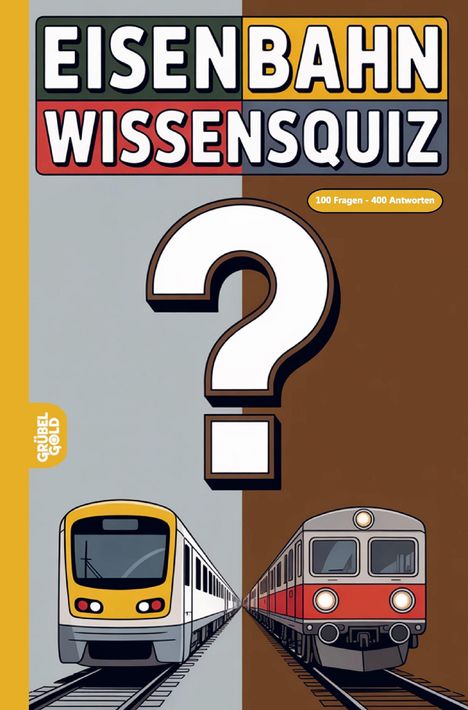 "Eisenbahn Wissensquiz". Illustration: Moderne und alte Züge auf parallelen Gleisen, großes Fragezeichen im Fokus.