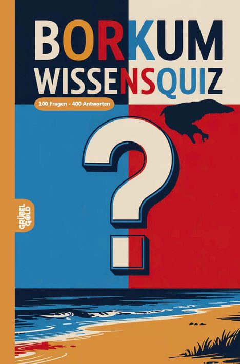 "Borkum Wissensquiz: 100 Fragen - 400 Antworten." Illustration mit großem Fragezeichen, Strand und Vogel.