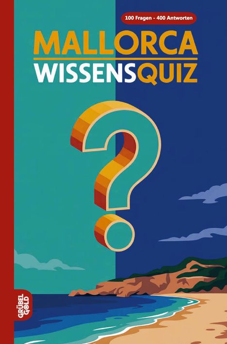 "100 Fragen - 400 Antworten. Mallorca Wissensquiz. Illustration: Küste mit Strand, Meer und Himmel, großes Fragezeichen."