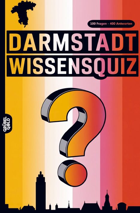 "Darmstadt Wissensquiz" in großen Buchstaben, darunter ein großes Fragezeichen, im Hintergrund Skyline von Darmstadt.