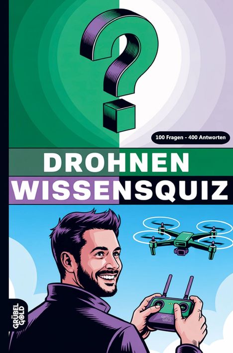 „100 Fragen - 400 Antworten. DROHNEN WISSENSQUIZ.“ Illustration: Ein Mann steuert eine grüne Drohne am Himmel.
