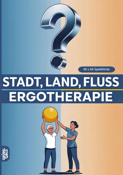 Text: "STADT, LAND, FLUSS ERGOTHERAPIE", "60 x A4 Spielblöcke". Illustration von zwei Menschen mit einem großen gelben Ball.