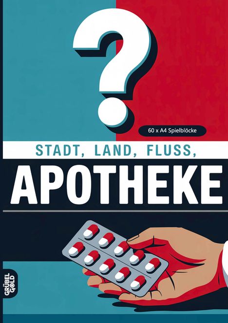 „Stadt, Land, Fluss, Apotheke.“ Rote und weiße Tabletten in einer Hand, Fragezeichen im Hintergrund.