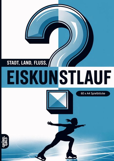 "STADT, LAND, FLUSS, EISKUNSTLAUF" und "60 x A4 Spielblöcke". Silhouette einer Eisläuferin und ein großes Fragezeichen.