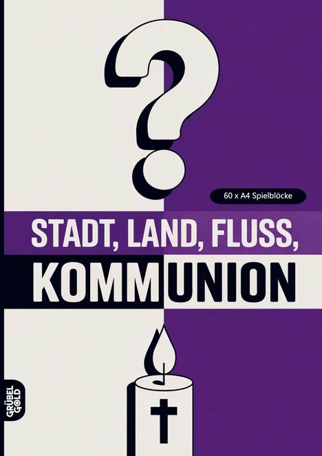 Text: "STADT, LAND, FLUSS, KOMMUNION". Illustration mit Fragezeichen, Kerze und Kreuz auf lila und weißem Hintergrund.
