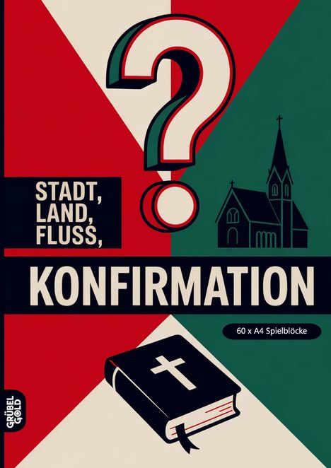 "Stadt, Land, Fluss, KONFIRMATION", Fragezeichen, Kirche, Bibel, Hinweis "60 x A4 Spielblöcke".