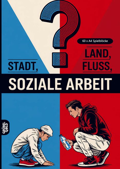 "Stadt, Land, Fluss, Soziale Arbeit." Illustration: Zwei Männer hocken, einer reicht dem anderen eine Wasserflasche.